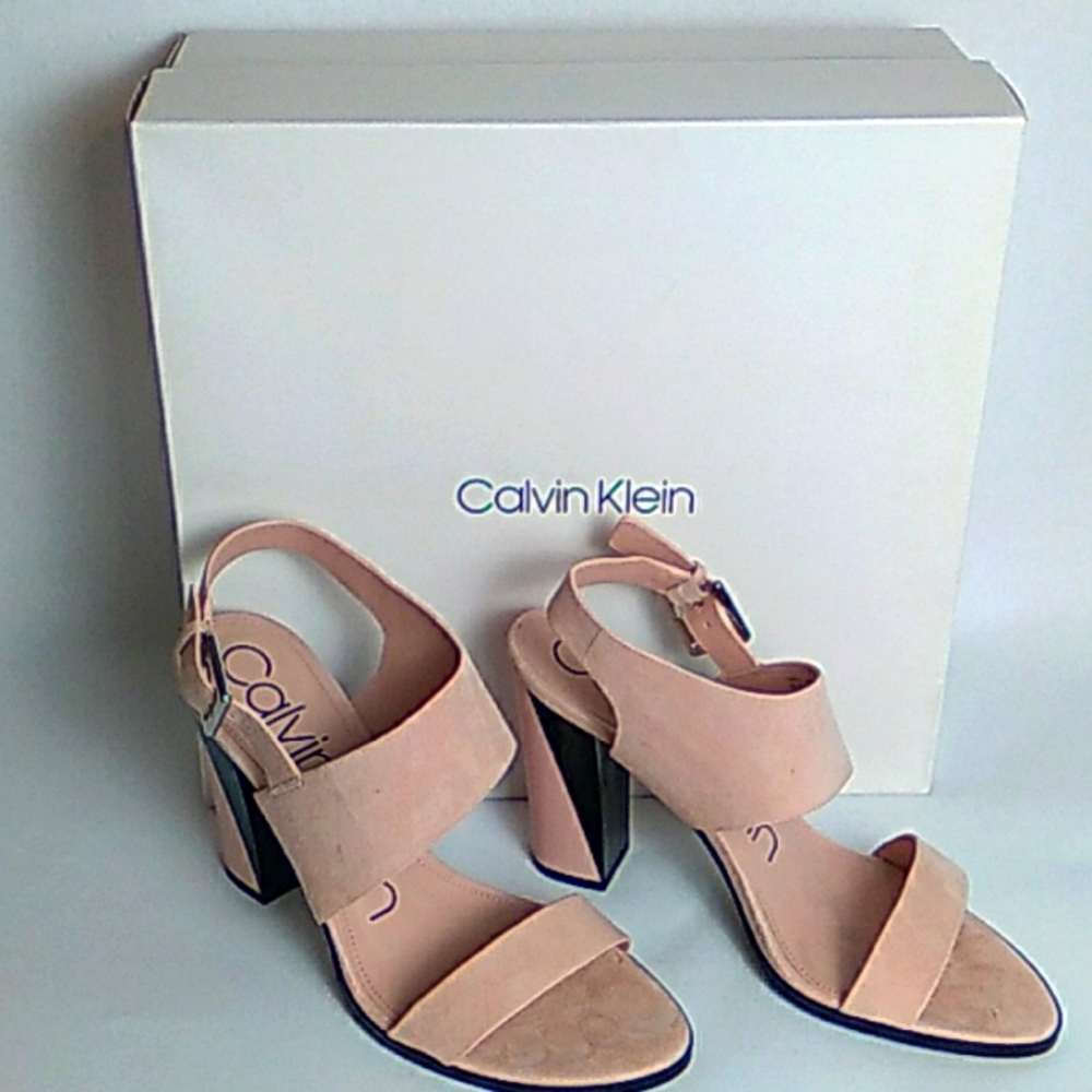 Calvin Klein Women's Carina Kid Nude Suede Block Heel Sandals- Size 9M